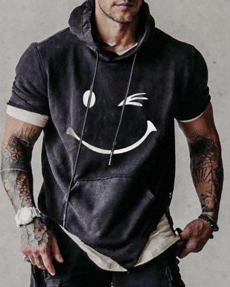 

Smile Face Print Short Sleeve Hooded Sweatshirts, Black