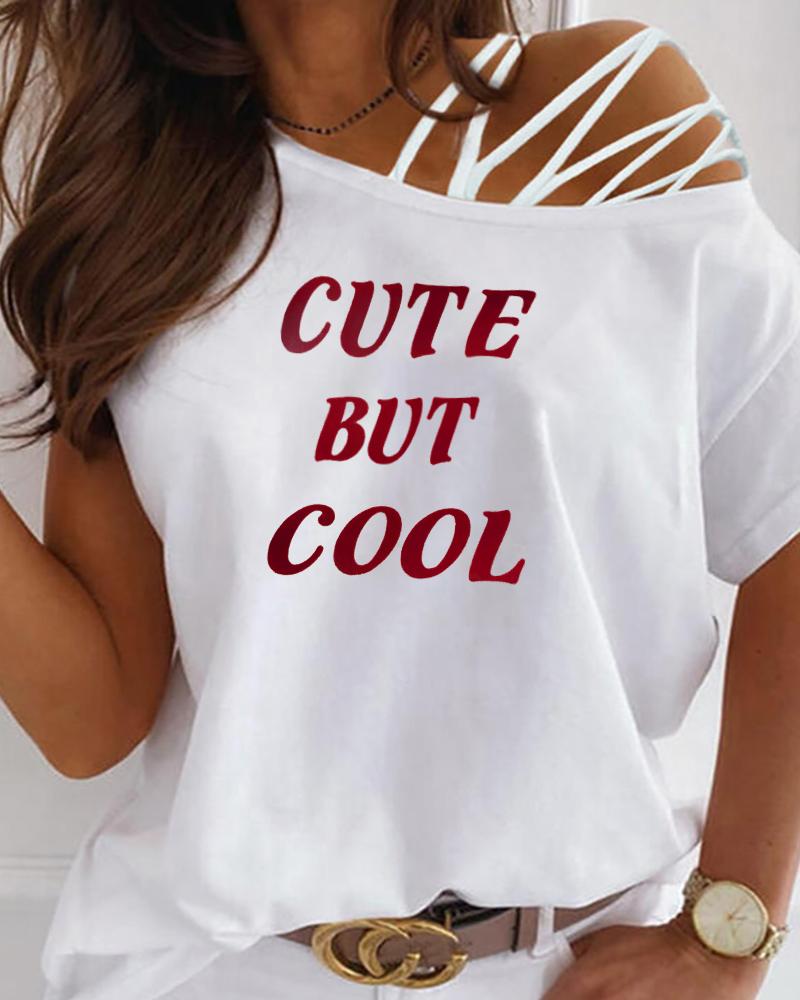 

Letter Print Cold Shoulder Top, White