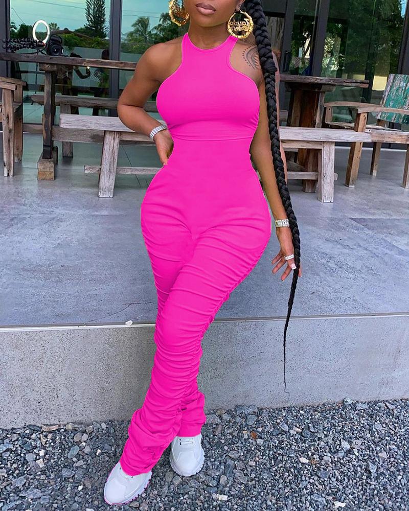 

Sleeveless Ruched O-neck Skinny Jumpsuit, Hot pink