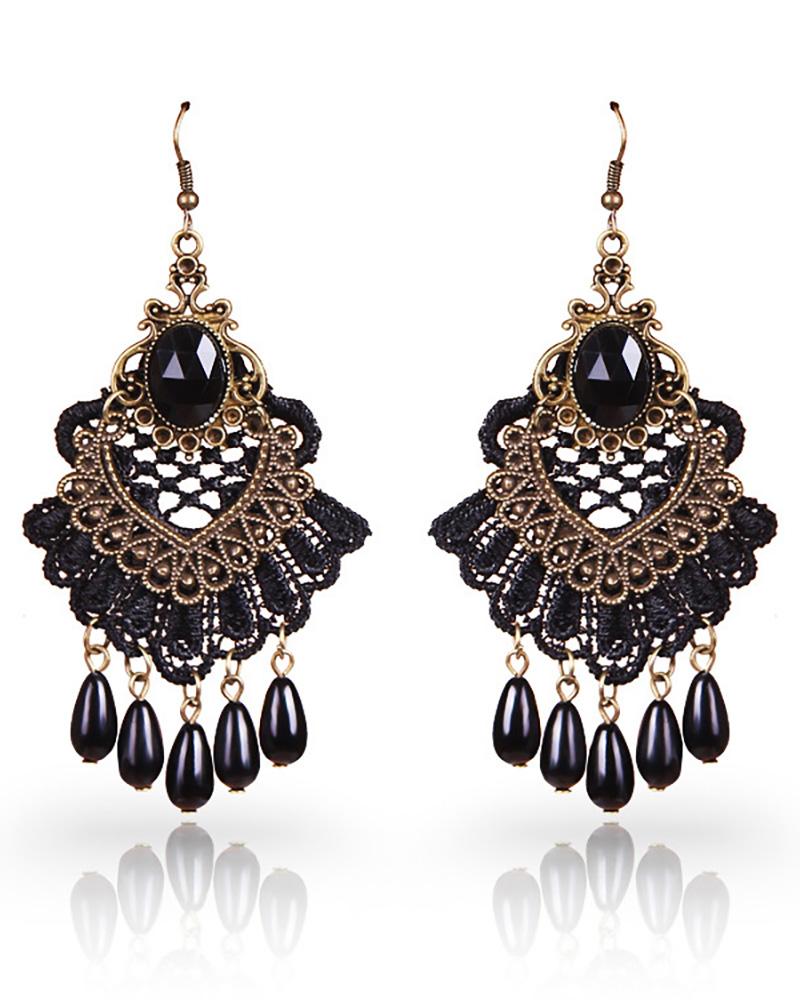 

Retro Halloween Rhinestone Decor Lace Earrings, Black