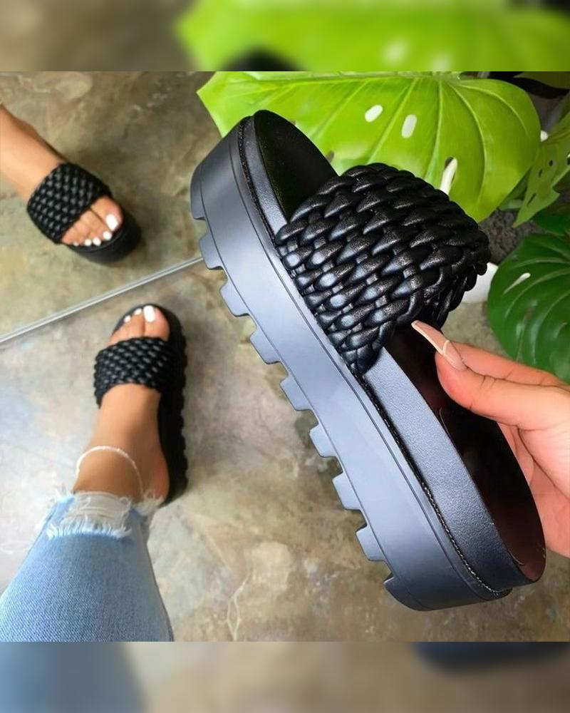 

Solid Woven Upper Platform Slippers, Black