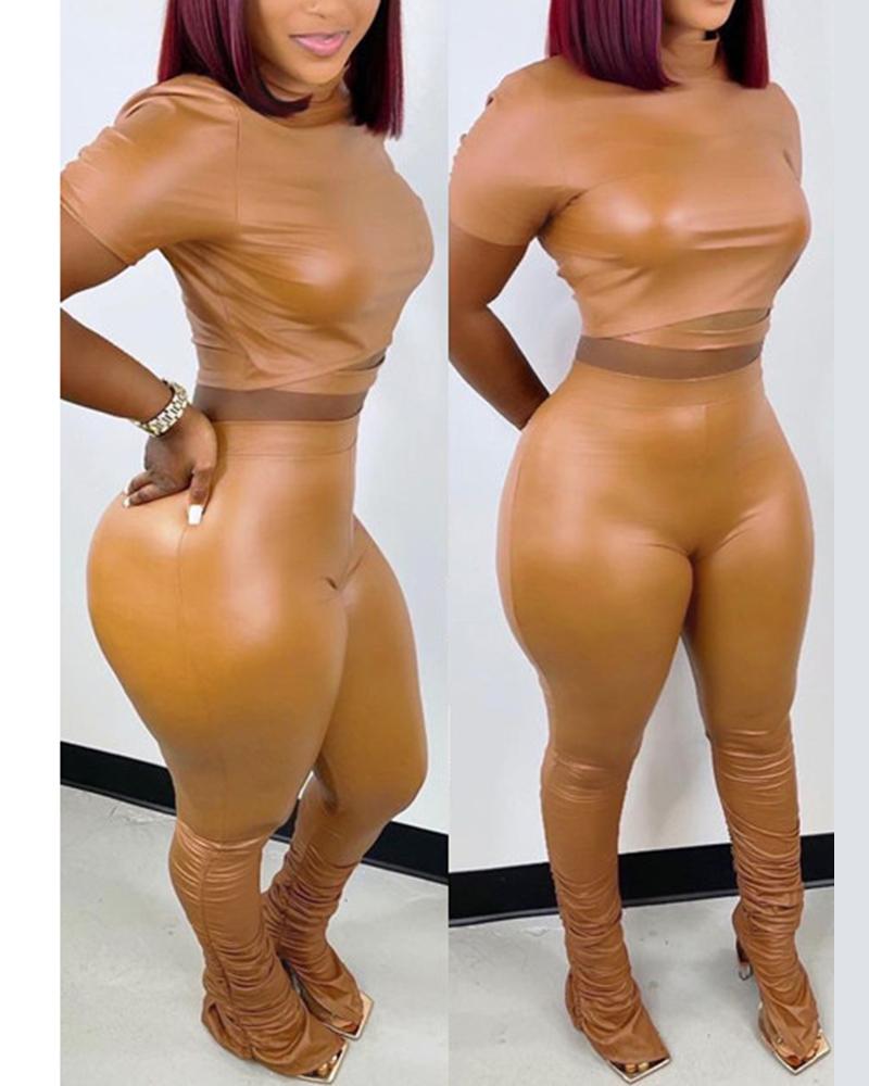 

PU Leather Crop Top & High Waist Pants Set, Khaki
