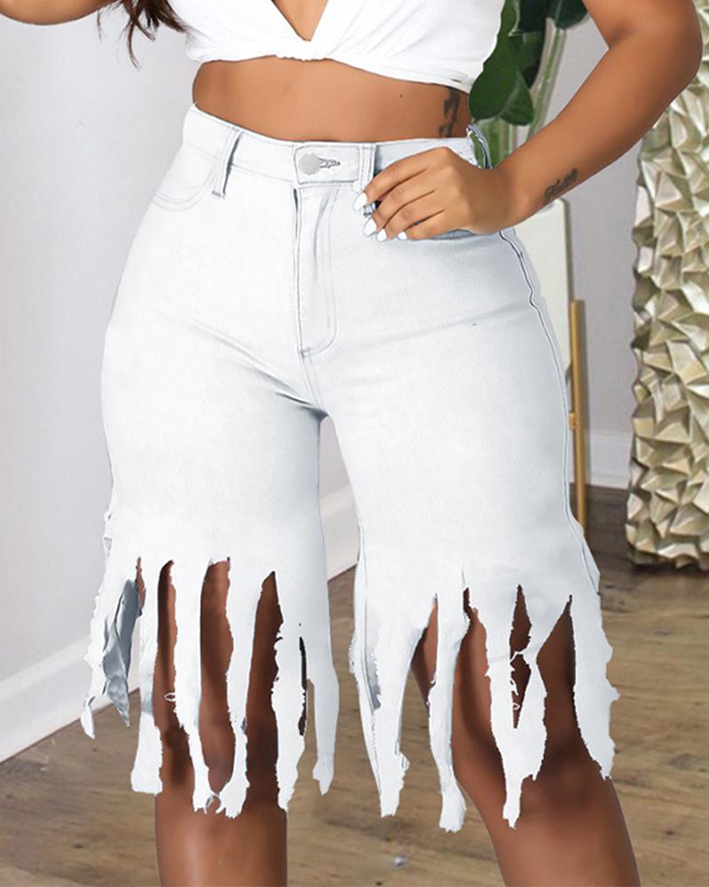 

High Waist Tassel Trim Jeans, White