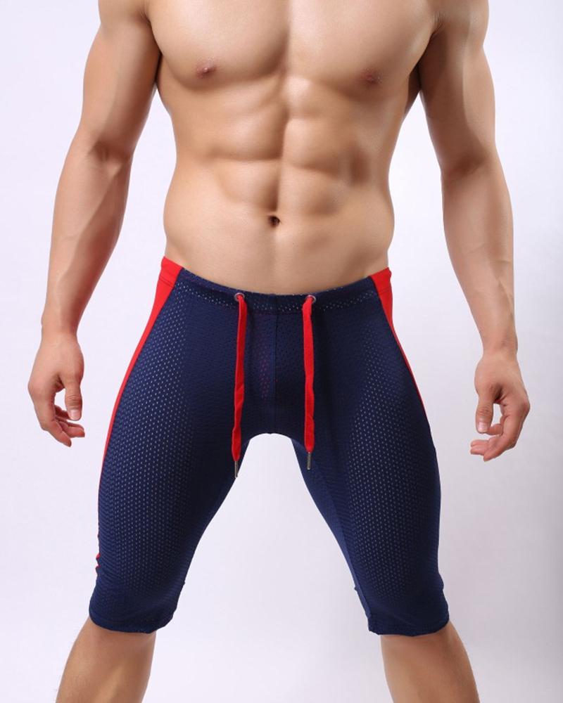 

Colorblock Drawstring Skinny High Elastic Active Shorts, Purplish blue