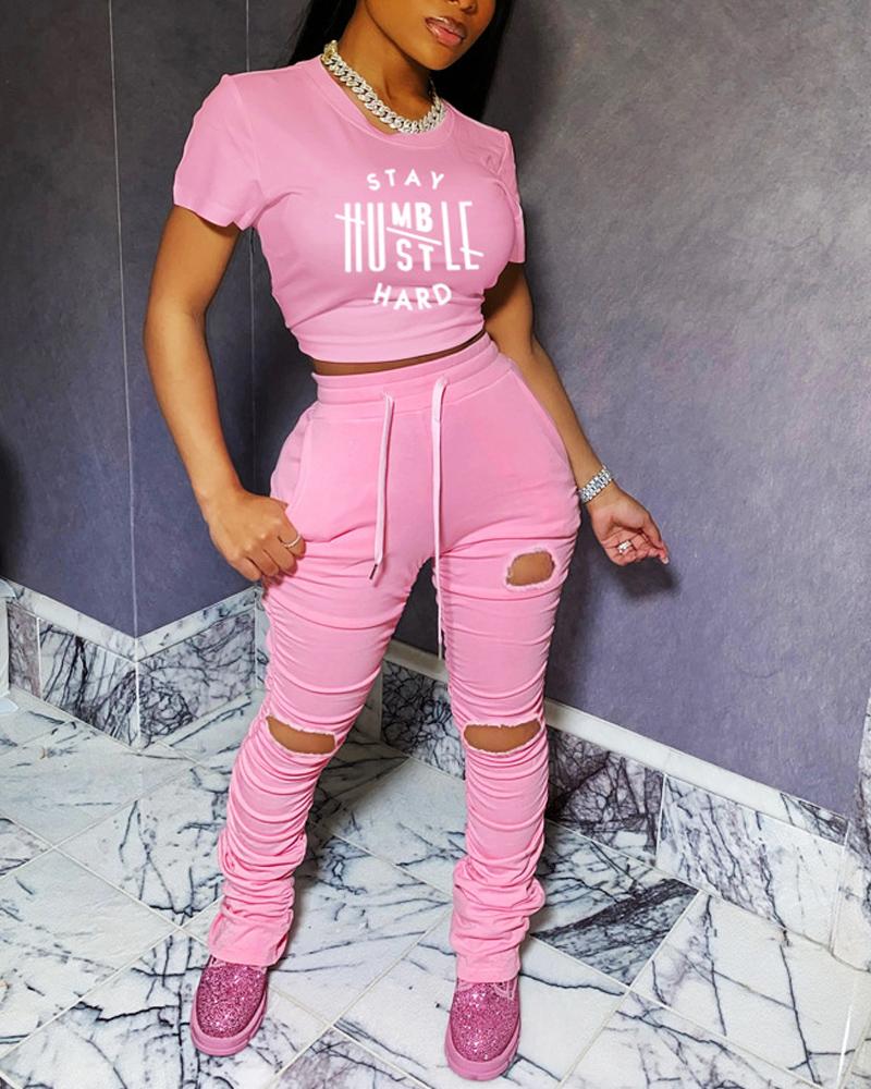 

Stay Humble Hustle Hard Print Crop Top & Cutout Ruched Pants Set, Pink