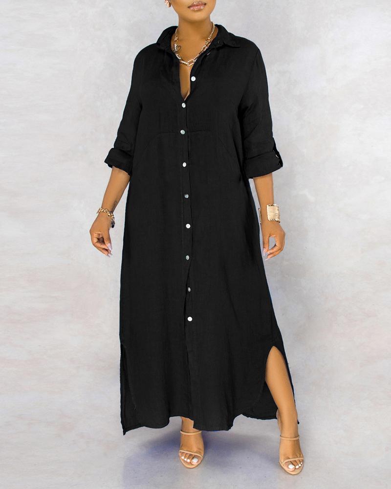 

Long Sleeve Button Design Slit Shirt Dress, Black