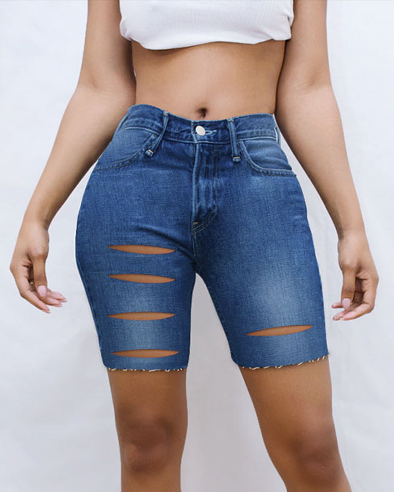 

Zipper Fly Cutout Denim Shorts, Blue