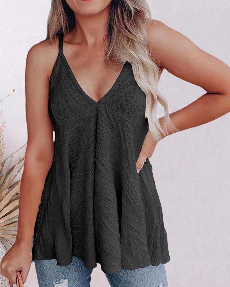 

V-Neck Textured Knit Flowy Cami Top, Black