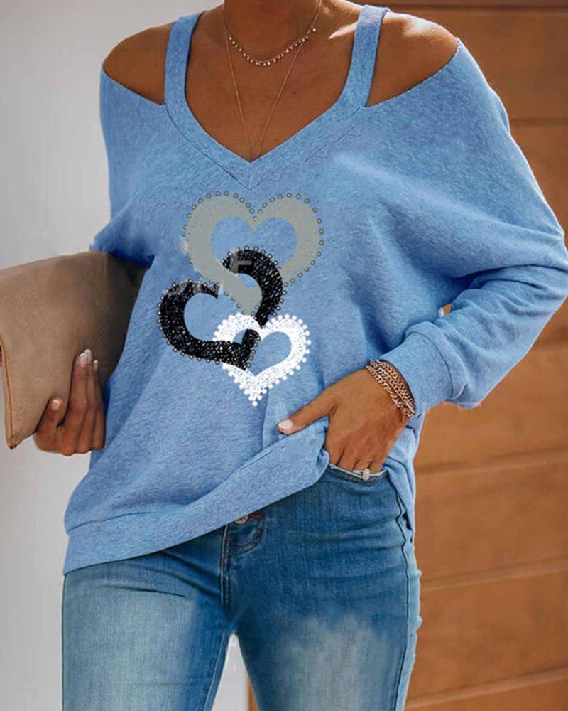 

Heart Print Long Sleeve Cold Shoulder T-shirts, Blue