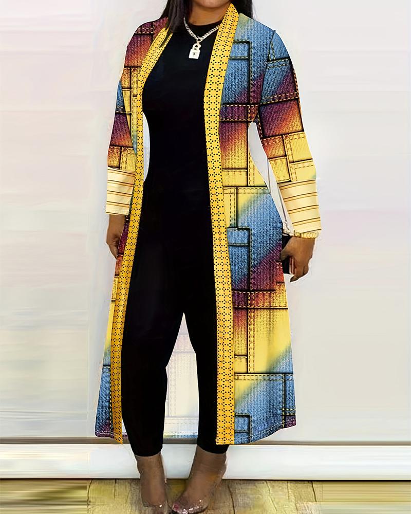 

Plus Size Denim Look Print Rainbow Ombre Lace Patch Longline Coat, Multicolor