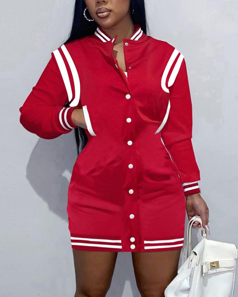 

Contrast Paneled Baseball Collar Casual Dress, Red