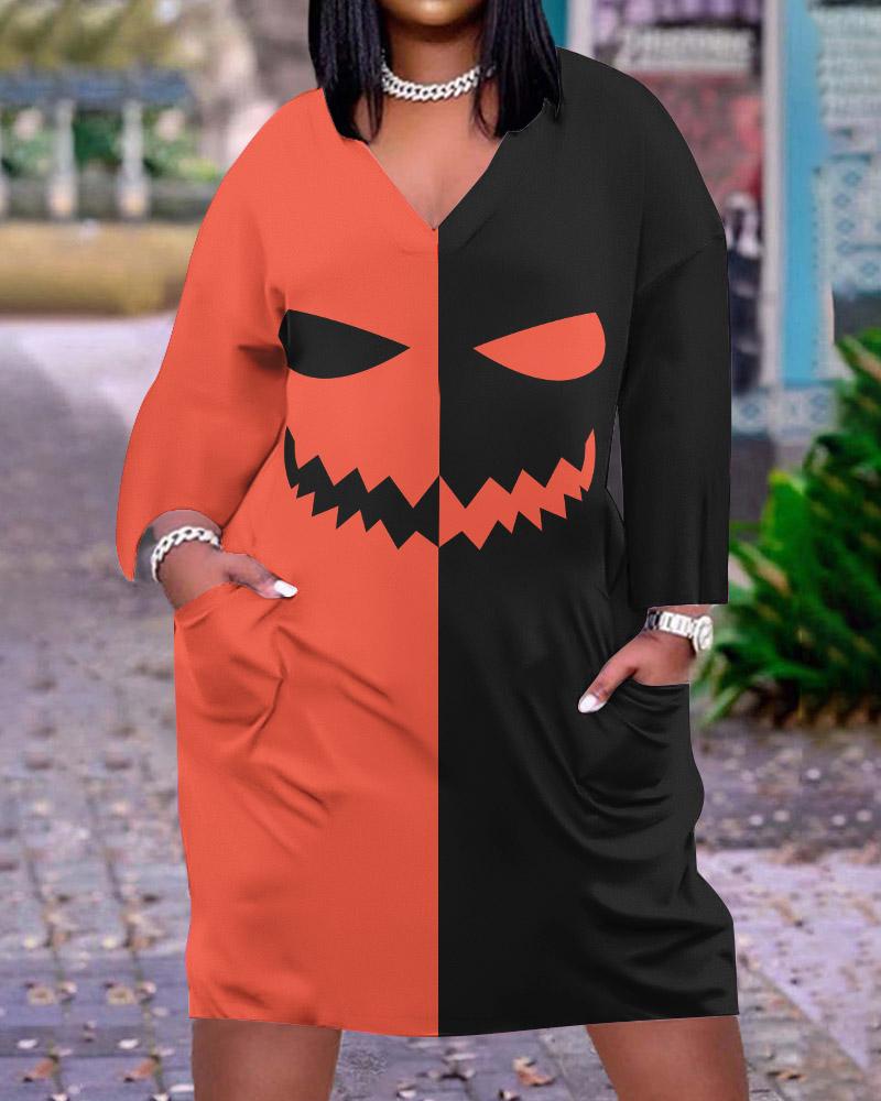 

Plus Size Halloween Graphic Print Colorblock Casual Dress, Orange