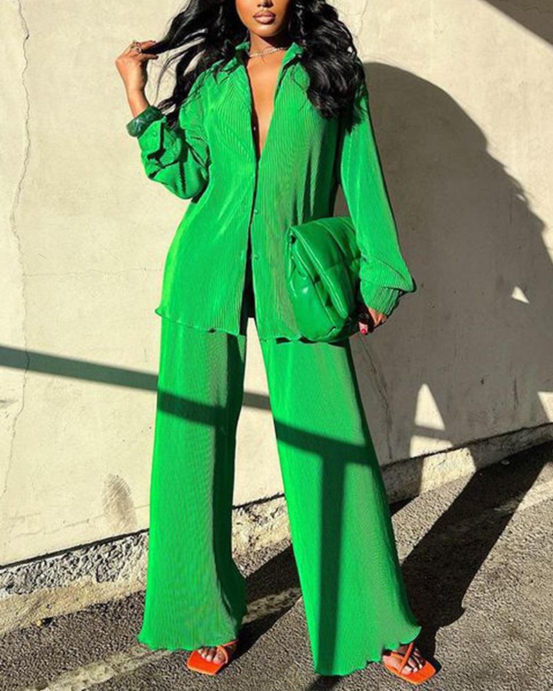 

Long Sleeve Button Down Shirt & Pants Set, Green