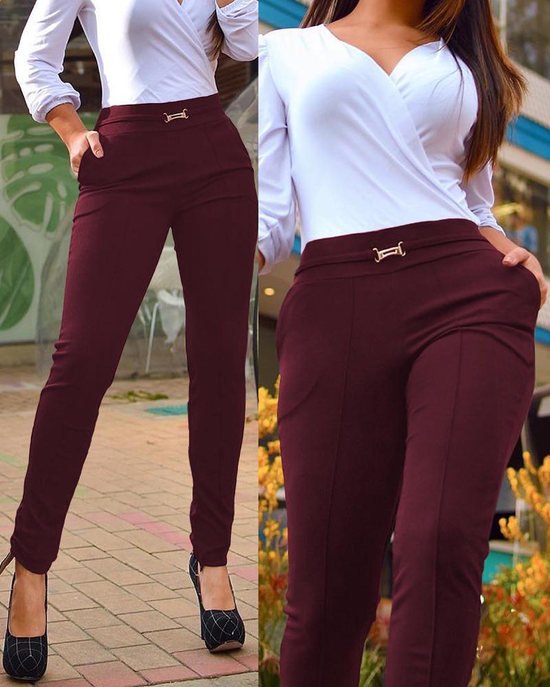 

High Waist Pocket Design Work Pants, Red