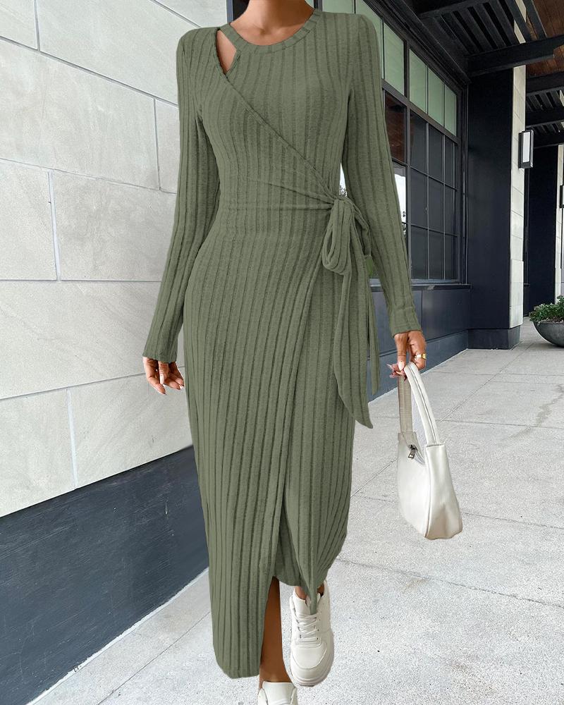 

Ribbed Tied Detail Wrap Casual Dress, Army green