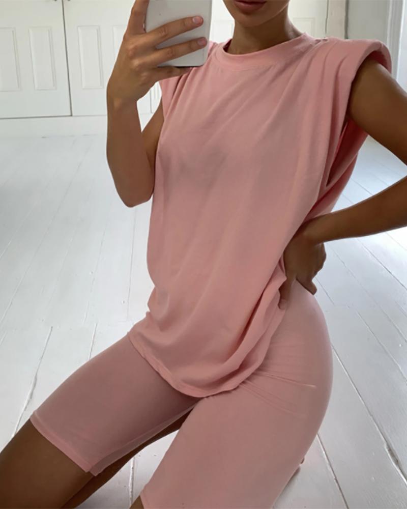 

Solid Sleeveless Loose Tanks With Shorts Suit Sets, Pink