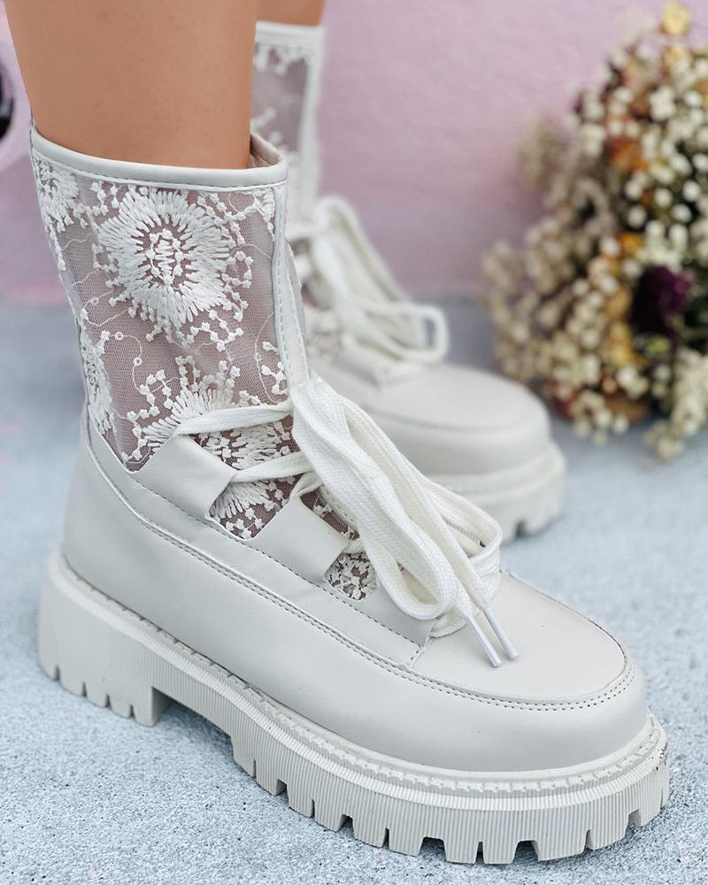 

Lace-up Front Crochet Lace Combat Boots, Beige