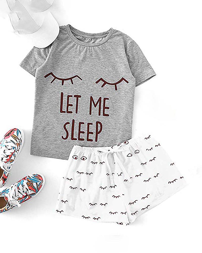 

Print Short Sleeve Round Neck Pajamas Set, Gray