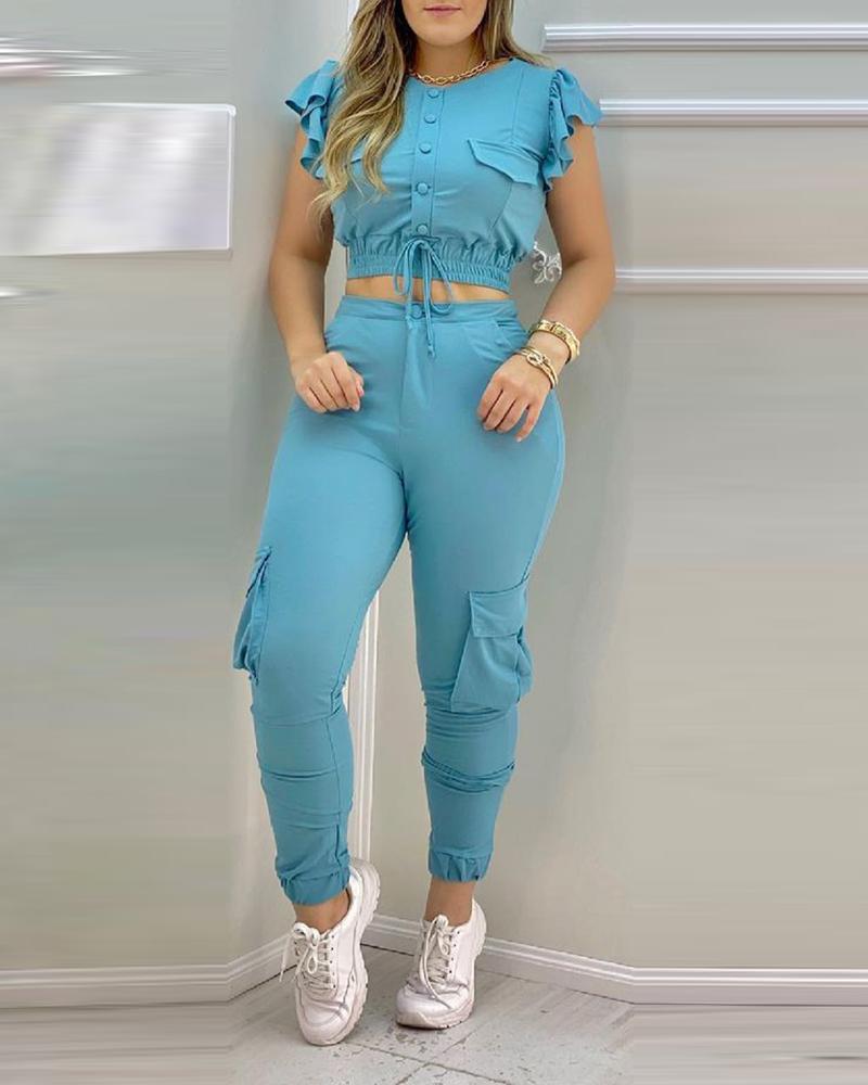 

Ruffle Drawstring Crop Top & Pocket Design Pants Sets, Blue