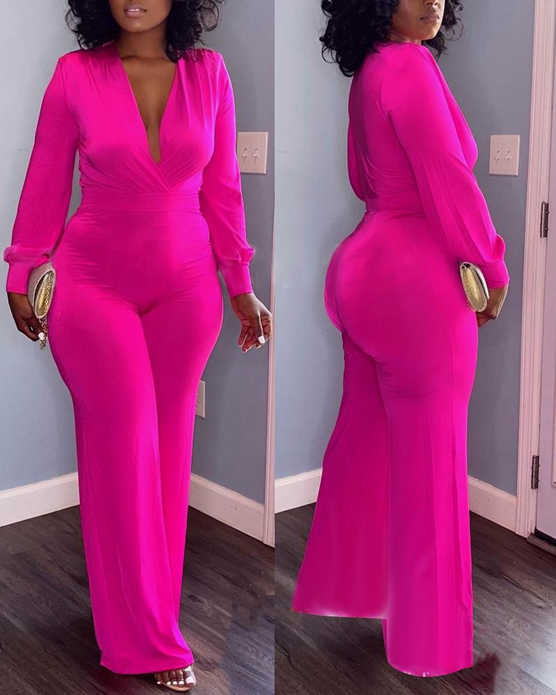 

Long Sleeve Plunging Neck Jumpsuit, Hot pink