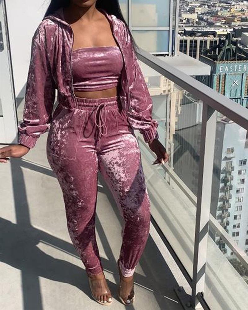 

Crop Tube Top & Drawstring Pants & Zip Up Hooded Coat Set, Pink