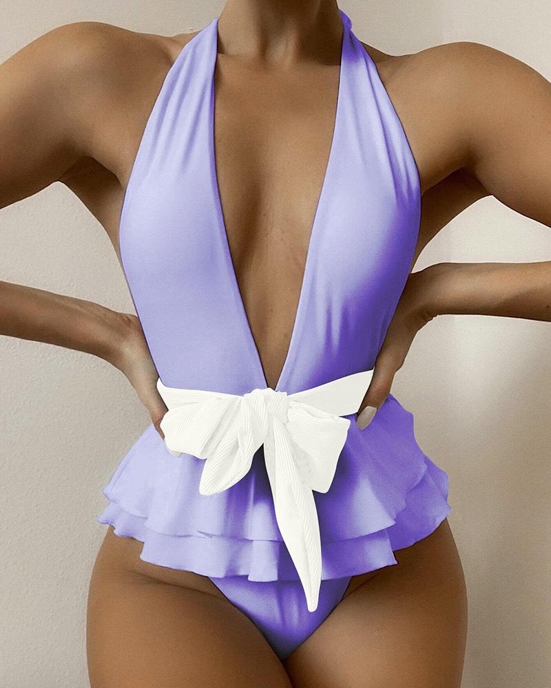 

Plunge Bowknot Decor Sleeveless Ruffles One Piece Swimsuit, Purple