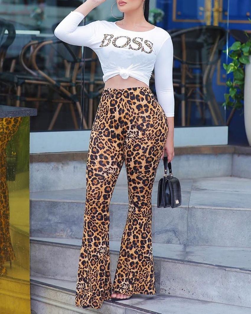 

Letter Cheetah Print Top & High Waist Bootcut Pants Set, Leopard