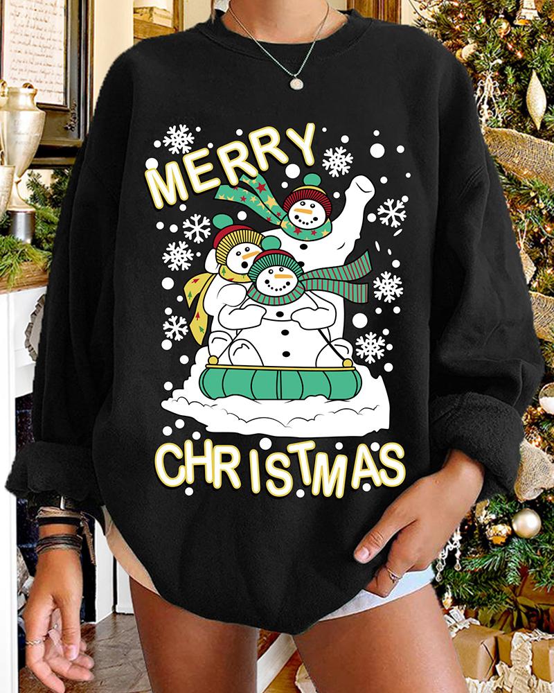 

Christmas Snowman Snowflake Letter Print O-neck Sweatshirt, Black