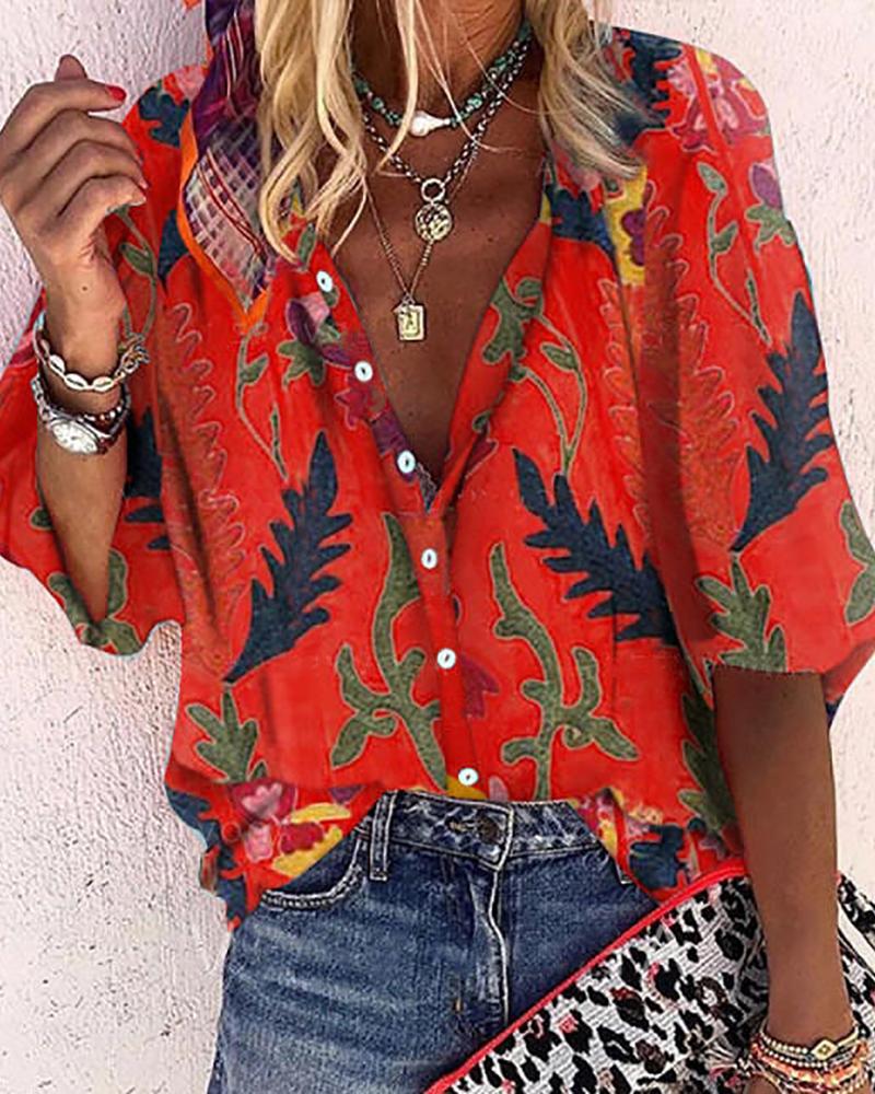 

Floral Print Buttoned Half Sleeve Top, Red
