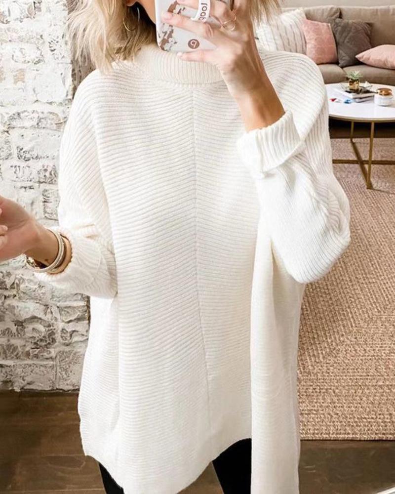 

High Neck Long Sleeve Knit Sweater, White