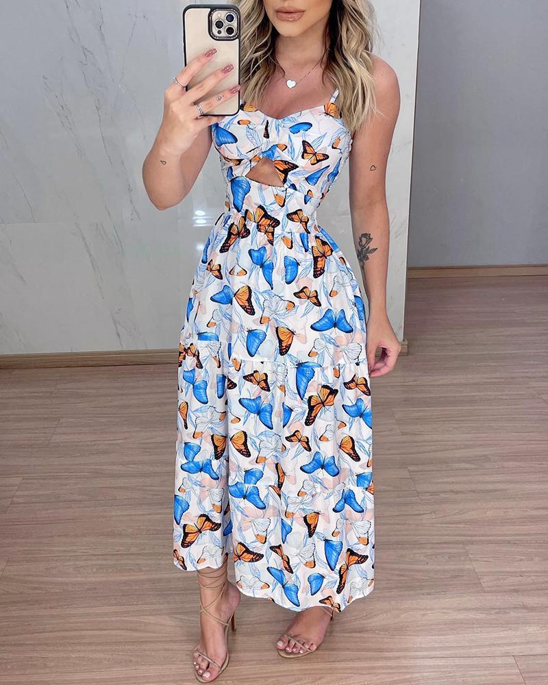 

Butterfly Print Cutout Spaghetti Strap Dress, Blue