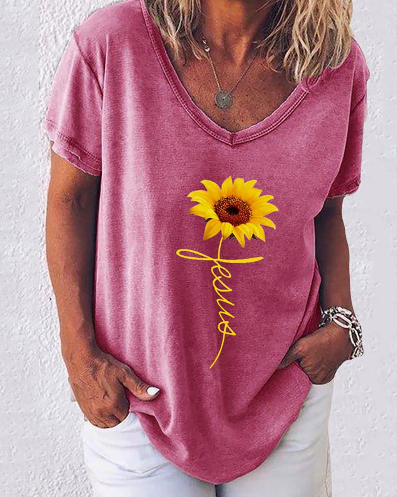 

Sunflower Print Letter Pattern Casual T-shirt, Hot pink