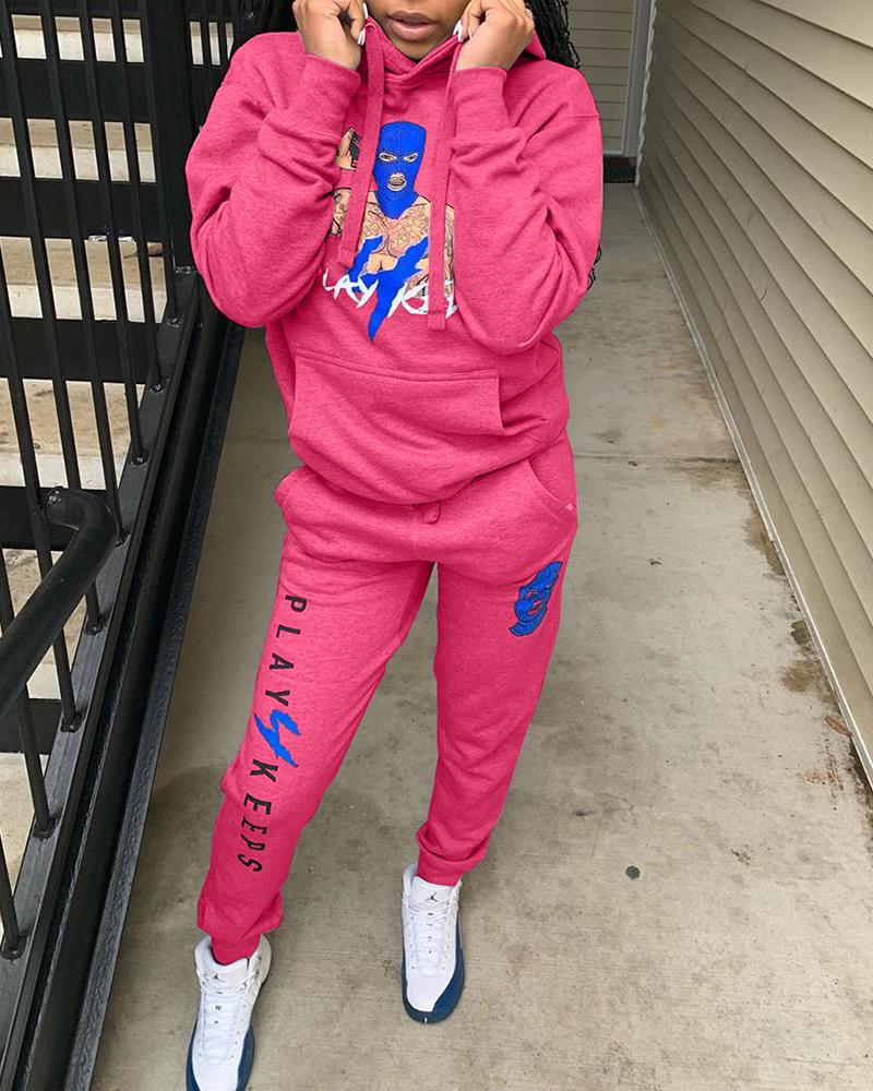 

Letter Figure Print Hooded Top & Pockets Pants Set, Hot pink