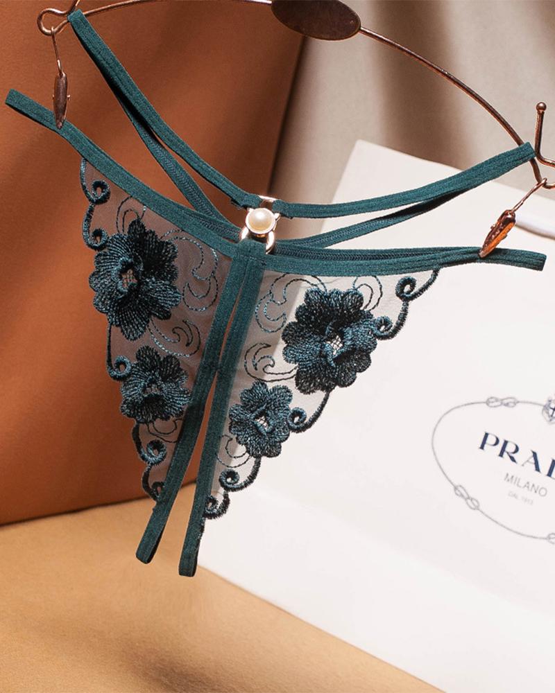 

See-through Mesh Splicing Embroidery Pearl Thong Panties, Green