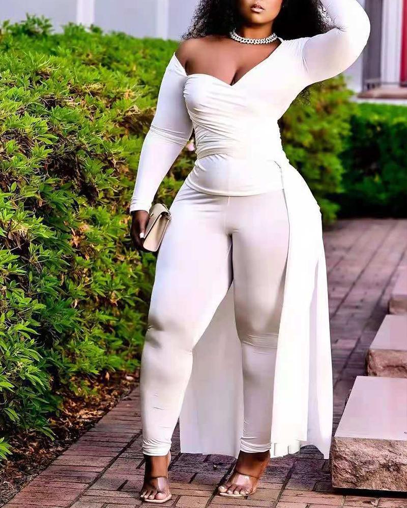 

Long Sleeve High Low Hem Wrap Top & Pants Set, White