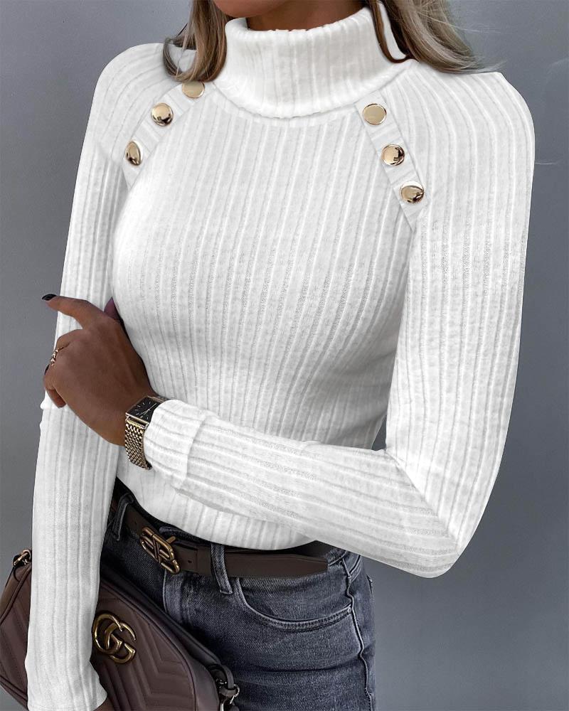 

High Neck Buttoned Ribbed Top, White