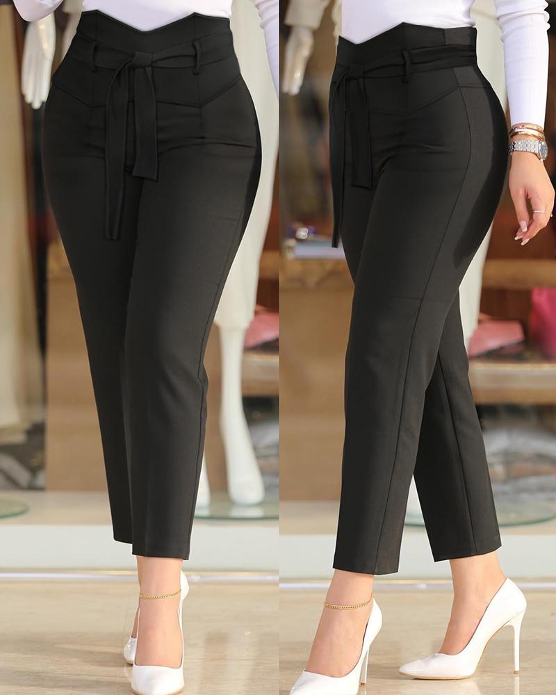 

Asymmetrical Waist Tied Detail Work Pants, Black