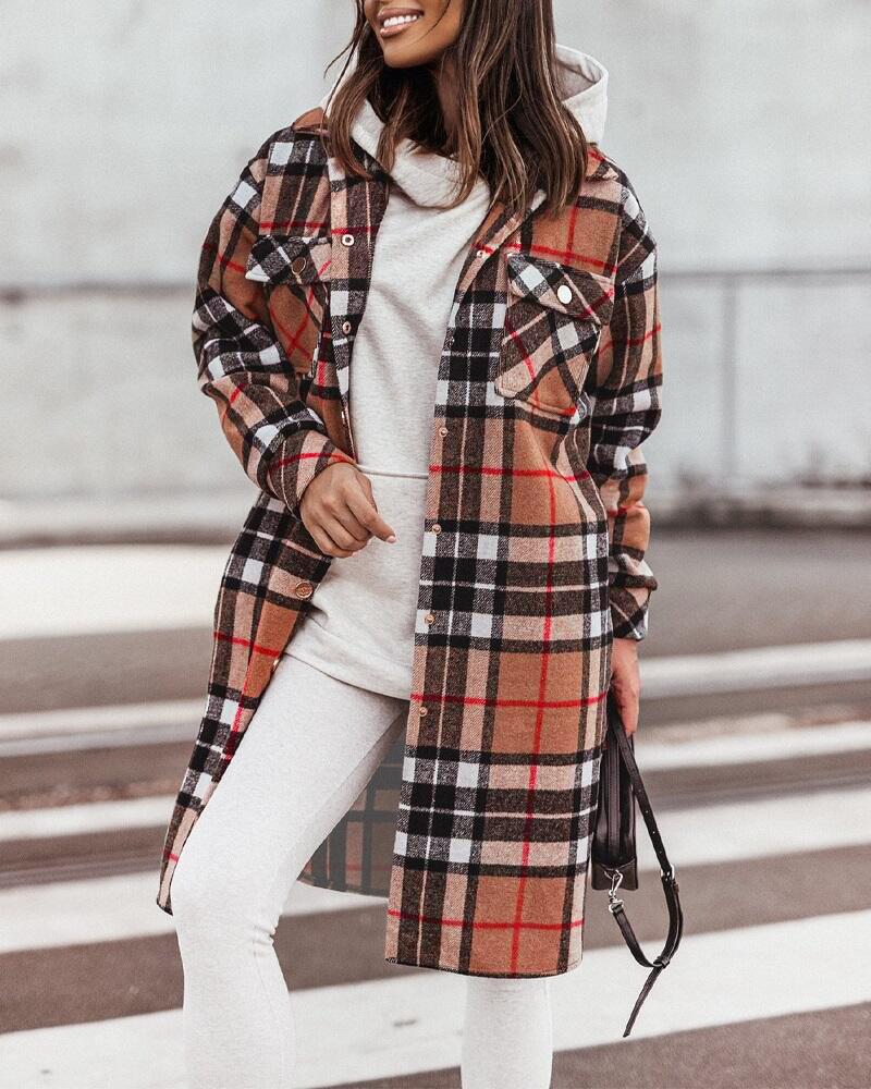 

Plaid Print Button Front Long Sleeve Coat, Khaki