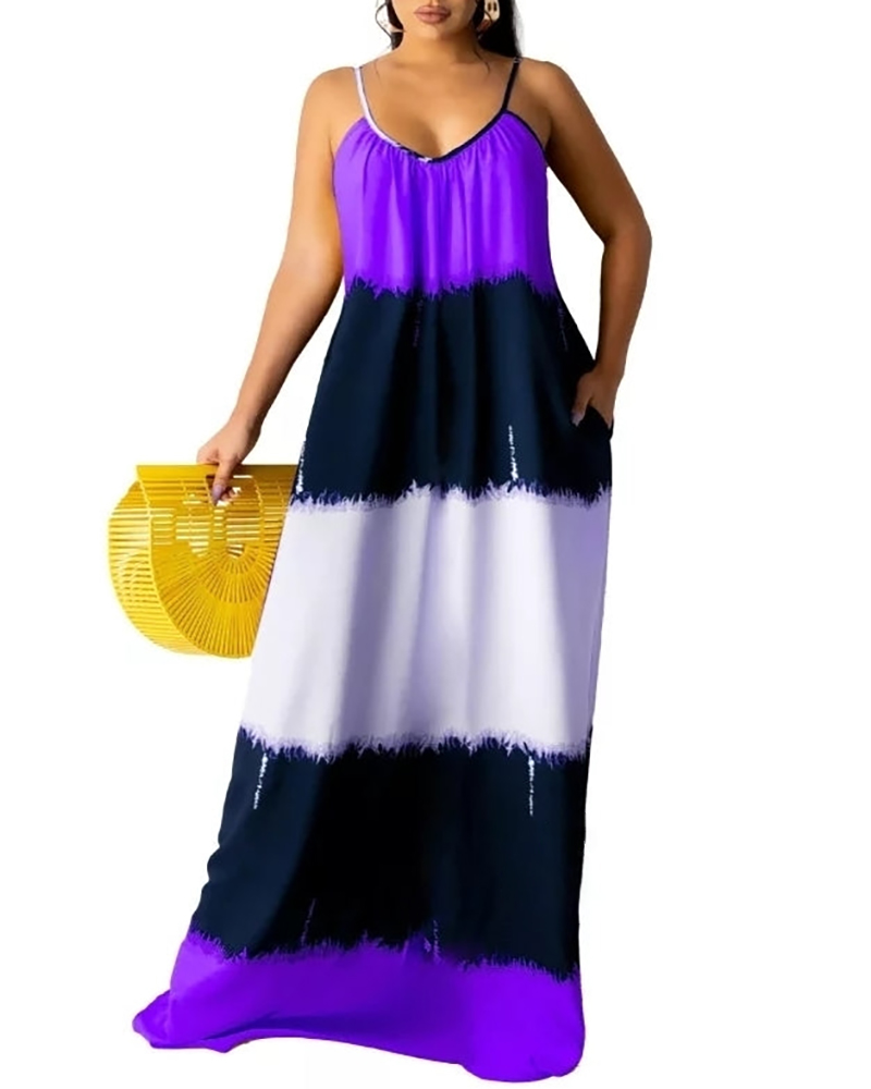 

Pocket Decor Colorblock Maxi Cami Dress, Purple