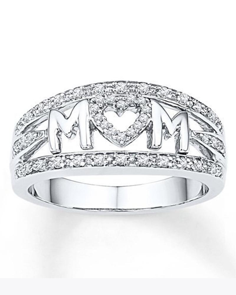 

1pc Mother's Day Gift Rhinestone Hollow Out Mom Letter Ring, Silver