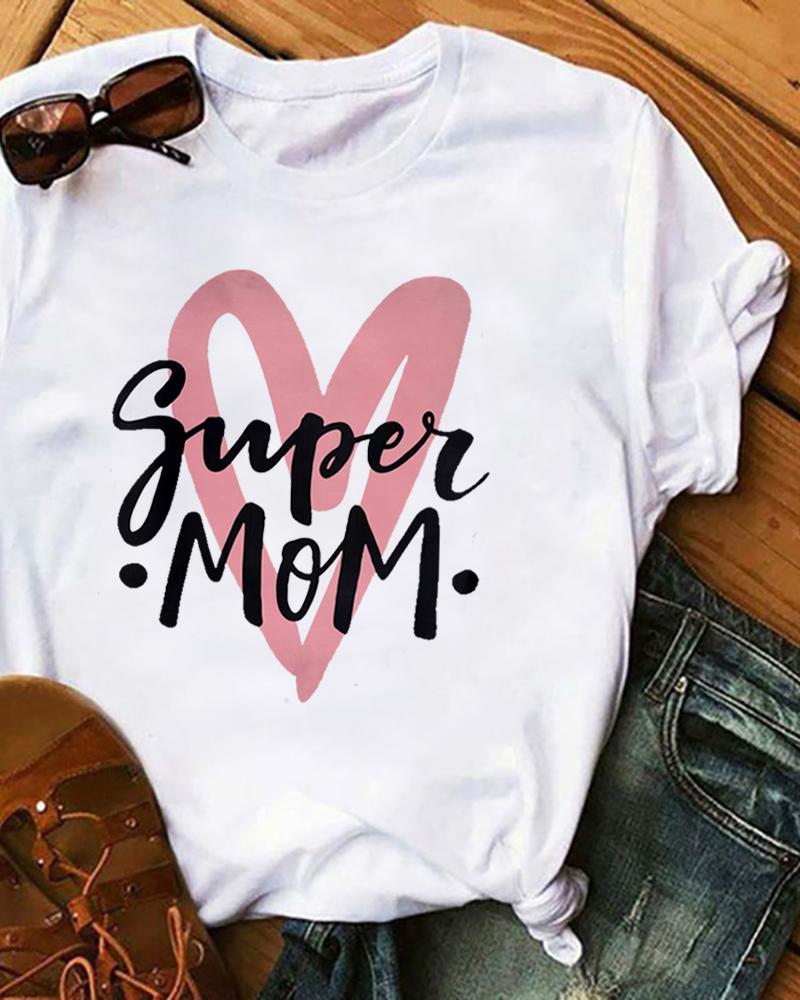 

Mother's Day Heart Letter Print Short Sleeve Casual T-Shirt, White