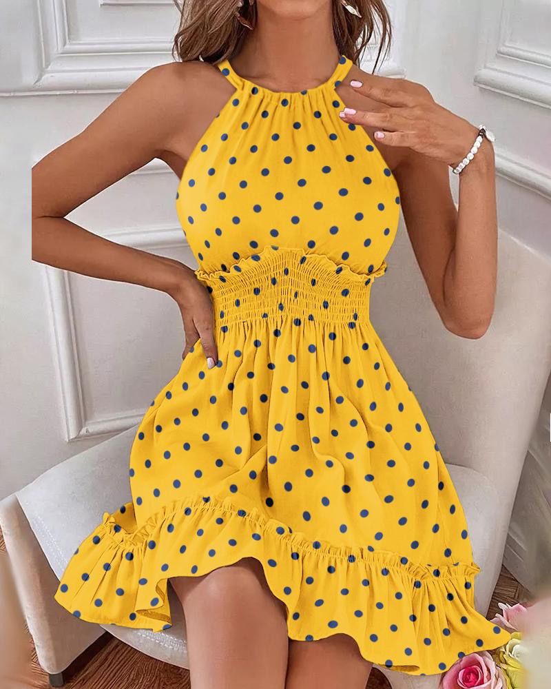 

Polka Dot Print Shirred Ruffles Halter Casual Dress, Yellow