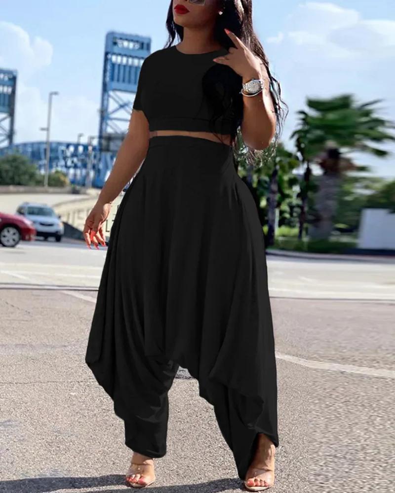 

Plain Crop Top & Asymmetrical Harem Pants Set, Black