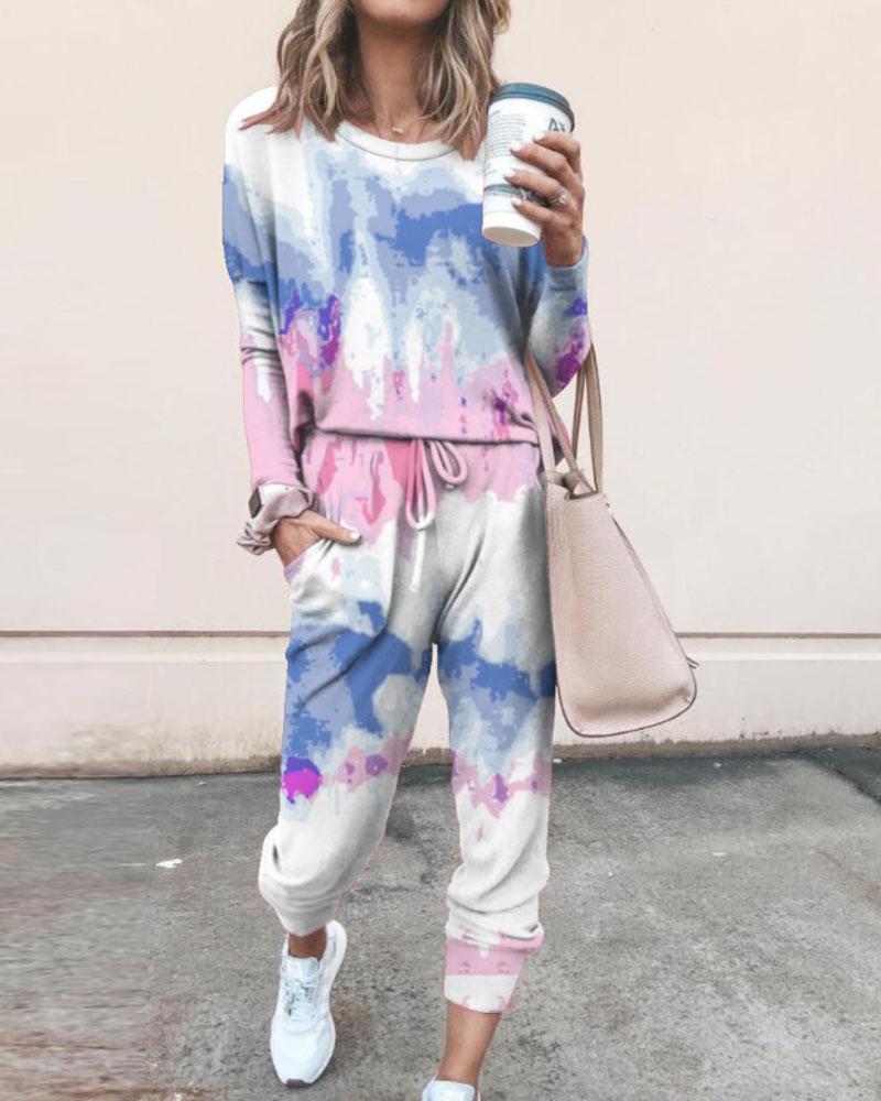 

Tie Dye Print Top & Drawstring Pants Set, Dark blue