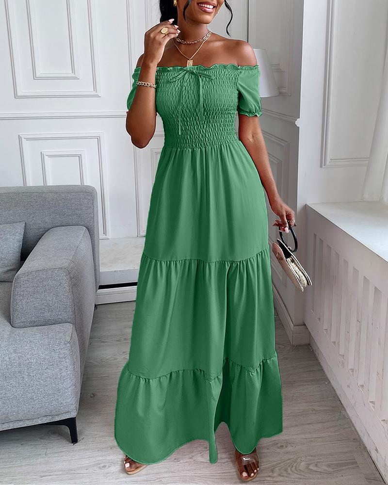 

Off Shoulder Shirring Detail Frill Hem Maxi Dress, Green