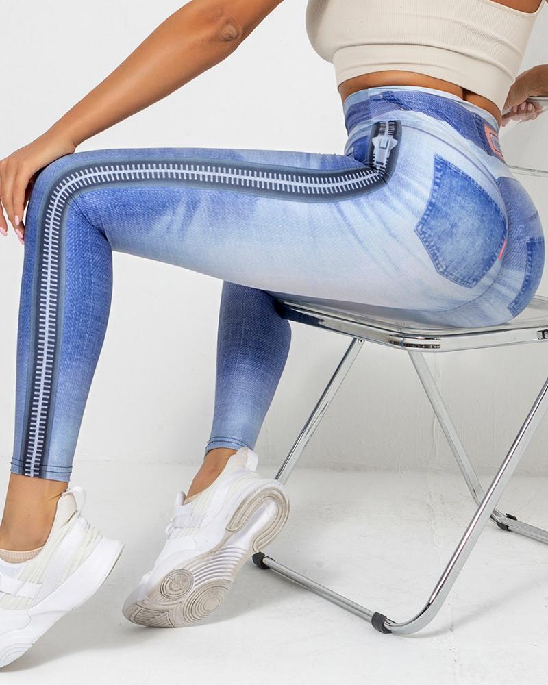 

Women' Leggings Faux Denim Fake Zipper Printed Yoga Pants, Lighted blue