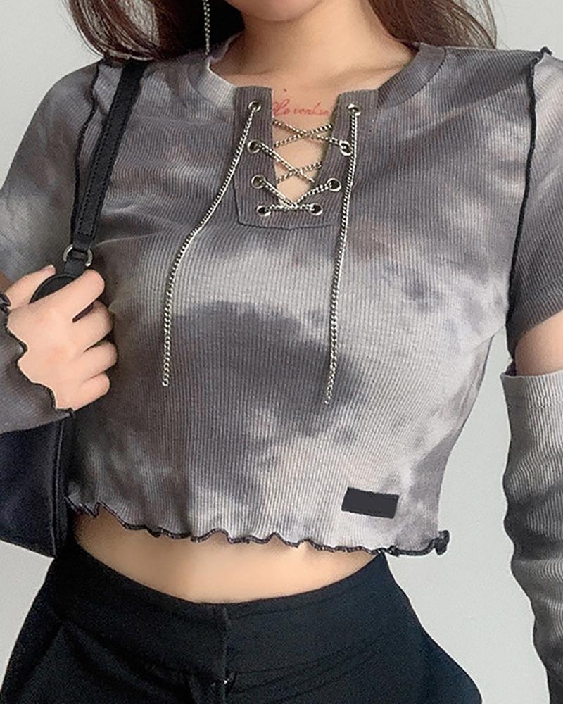 

Tie Dye Print Eyelet Lace Up Long Sleeve Top, Gray