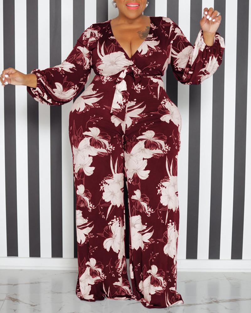 

Plus Size Floral Print Long Sleeve Belted Jumpsuit, Wine red