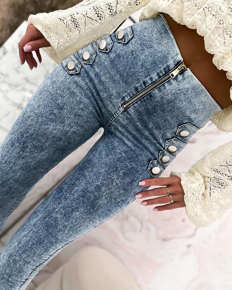 

Button Decor Zip Front High Waist Jeans, Light blue