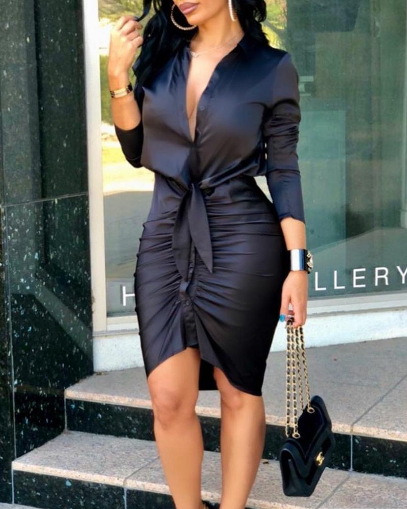 

Lace-up Solid Color Long Sleeve Midi Dress, Black